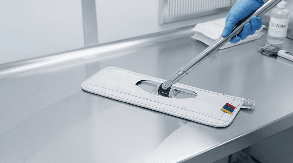 Cleanroom mop system in use on a controlled-environment work surface
